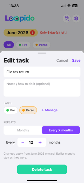 Loopido recurring task editor screen